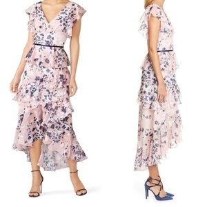 MARCHESA Midi Dress Flutter Sleeve Floral Tiered Ruffle Chiffon V-neck Size 20